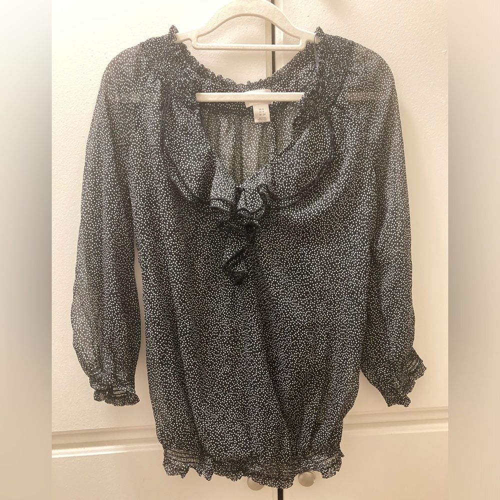 Motherhood Maternity PolkaSheer BlackTop Blouse Women 3/4 Balloon Sleeve Size S